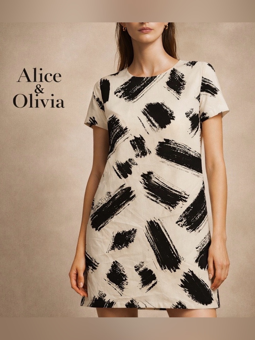 Alice + Olivia Abstract Brushstroke Shift Dress Black White Silk Size S